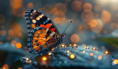 Vibrant butterfly on dewy surface with soft bokeh background. - obrazy, fototapety, plakaty