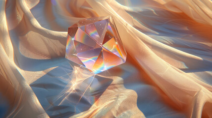A crystal prism on silky fabric with light refraction.
