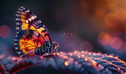 Vibrant butterfly on leaf with dew drops, bokeh background