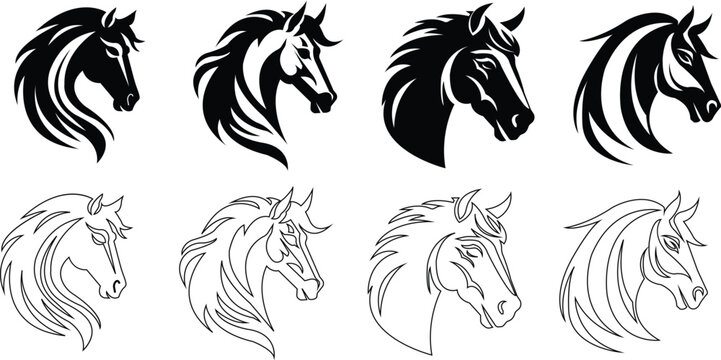 Horse head icon set animal sign. Black flat or line vector silhouette head horse, wild stallion isolated on transparent background. Symbol collection for use on web and mobile apps, logo, print media