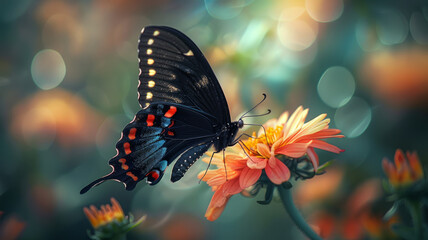 Black butterfly on an orange flower.