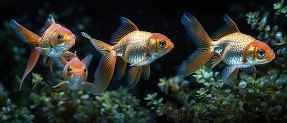 A school of vibrant orange and white Pterophyllum scalare, or angelfish, gracefully swimming in a...