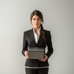 A pretty girl in a business suit holding a box. Frontal view
