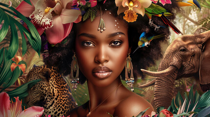 Portrait of a beautiful African woman with flowers in her hair. На фоне джунглей. Parrots, elephants, leopards and lianas in the background - obrazy, fototapety, plakaty