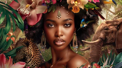 Poster Portrait of a beautiful African woman with flowers in her hair. На фоне джунглей. Parrots, elephants, leopards and lianas in the background © Nataly