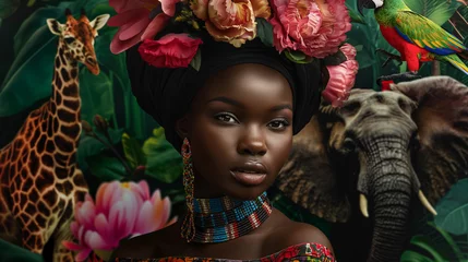Tuinposter Portrait of a beautiful Kenya woman with flowers in her hair. На фоне джунглей. Parrots, elephants, leopards and lianas in the background © Nataly