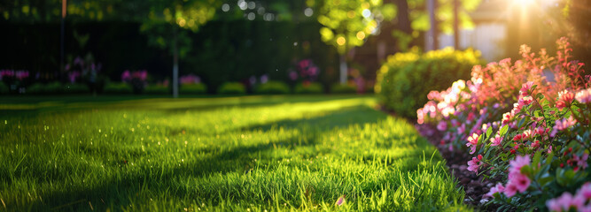 blurry image of the green lawn in the backyard. Flowers trimmed grass with dew drops and the rising morning sun. - obrazy, fototapety, plakaty