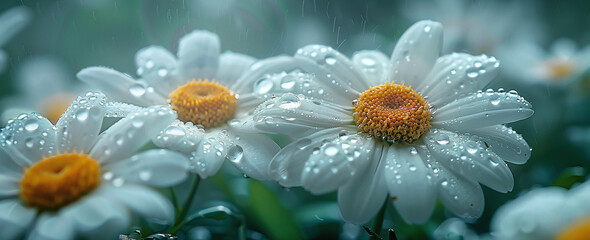 Close-up of dew-covered daisies with white petals and yellow centers against a soft, misty green...