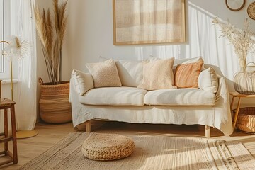Cozy Scandinavian Living Room with Natural Decor and Warm Color Scheme. Concept Scandinavian Design, Cozy Living Space, Natural Decor, Warm Color Scheme