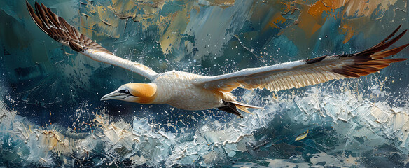 A majestic gannet bird glides over the ocean with wings spread wide, showcasing its grace and...