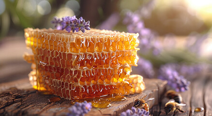 Fresh honeycomb and lavender flowers on a wooden surface with natural backlighting.
