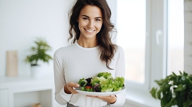 beautiful fit woman eating healthy green food salad