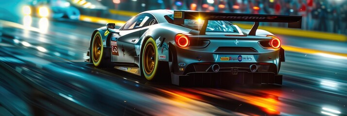 GT3 Super car racing on the circuit track while driving at high speed and accelerating at full...