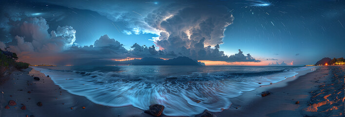Panoramic view of a dramatic sunset over a tranquil beach with reflections on the water. - obrazy, fototapety, plakaty