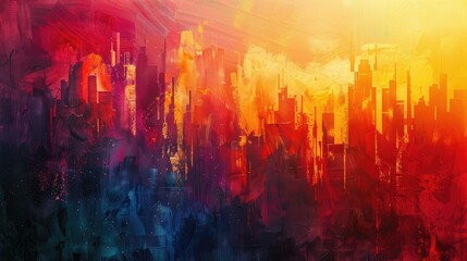 Abstract painting of a cityscape at sunset. Colorful background.