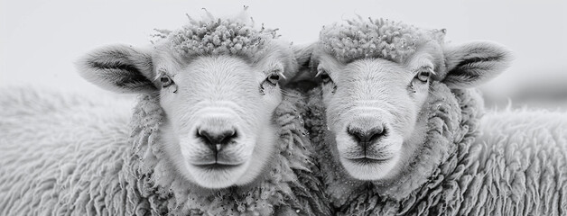 Two sheep facing the camera in a black and white image, showcasing their woolly coats and peaceful expressions.