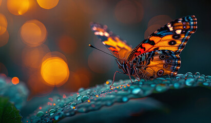 Vibrant butterfly on a dewy leaf with soft bokeh lights in the background. - obrazy, fototapety, plakaty