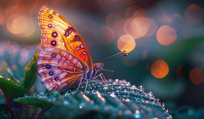 Vibrant orange butterfly perched on dew-covered foliage with a soft-focus background.
