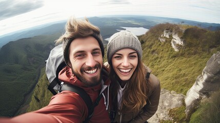 cheerful couple taking selfie photo standing on mountains.