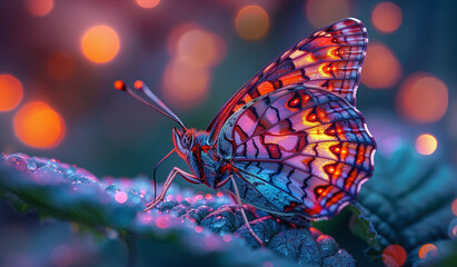 Vibrant butterfly on dewy foliage with bokeh lights.