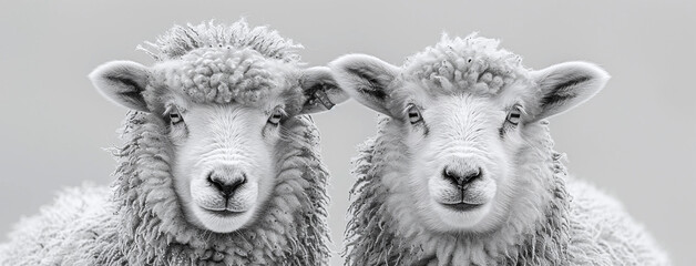 Obraz premium Two sheep facing forward with a grey background, in black and white.