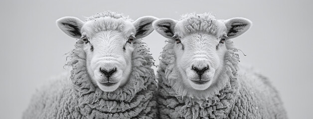 Two sheep facing forward with a symmetrical composition, in black and white. - obrazy, fototapety, plakaty