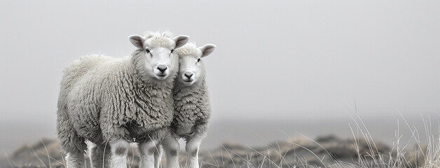 Two sheep standing together in a misty field, with a soft, muted background. - obrazy, fototapety, plakaty