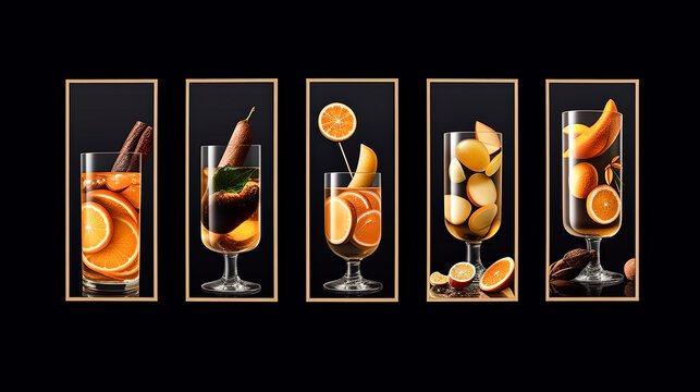 Three framed pictures of drinks with glasses and oranges.