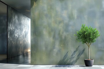 Loft concrete empty room with green home plant. Interior mockup. Generative AI