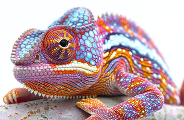 Obraz premium Close-up of a colorful chameleon with detailed skin texture on a white background.
