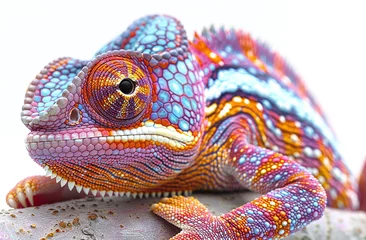 Foto op Canvas Close-up of a colorful chameleon with detailed skin texture on a white background. © Gayan