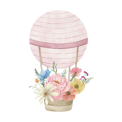 Poster with watercolor  hot air balloon with flowers. Hand painted vintage isolated  illustration on white background.