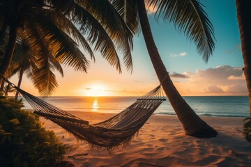 A hammock hanging between two palms against the background of a tropical island, at sunset during the golden hour