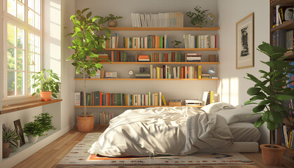 Bedroom interior with bed, bookcase, and indoor plants near a white wall