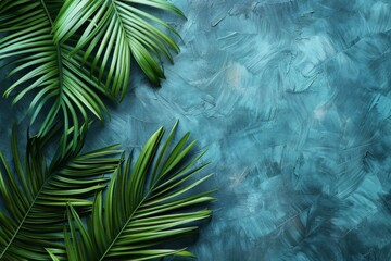 Green Palm Leaf on Blue Background