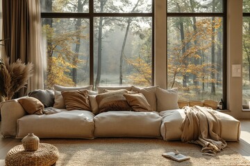 Fototapeta premium Wooden interior design of house with big window and nature view. Interior mockup. Generative AI