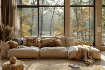 Gardinen Wooden interior design of house with big window and nature view. Interior mockup. Generative AI © AntonSh