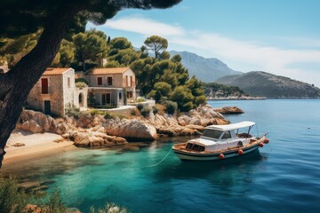 Greek coast with a small yacht moored to the Mediterranean shore in a fishing village - obrazy, fototapety, plakaty