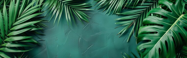 Green Leaves on Blue Background - obrazy, fototapety, plakaty