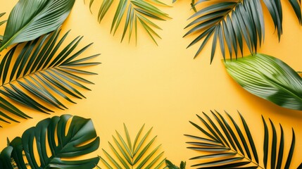 Fototapeta na wymiar Tropical Leaves on Yellow Background