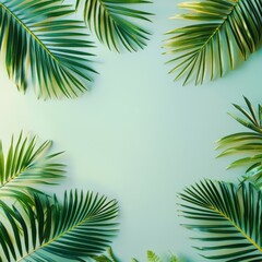 Fototapeta na wymiar Vibrant Green Palm Leaves on Blue Background