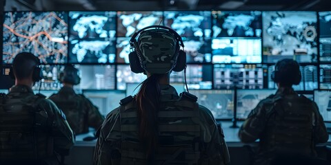 Female and male military officers at a government surveillance agencys control center during a joint operation. Concept Military Officers, Government Surveillance, Control Center, Joint Operation