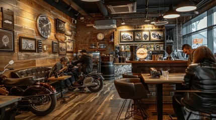 A coffee shop room decorated with a classic motorbike aesthetic