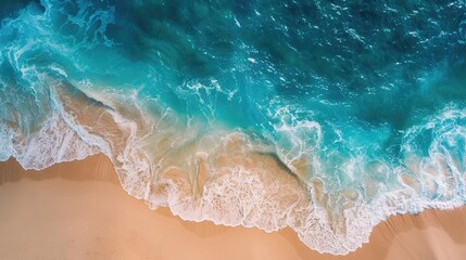 Aerial top view on nature landscape view of beautiful tropical clean sandy beach and soft blue ocean, Summer seascape waves - obrazy, fototapety, plakaty