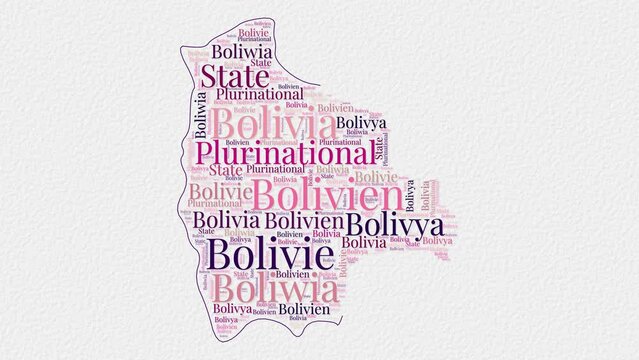 Bolivia logo animation. Bolivia boundary word cloud animation. Video of country names in multiple languages popping out on paper style background. Country opening, intro, presentation video.