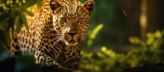 A large leopard with yellow fur and piercing eyes is walking through a lush green forest in the...