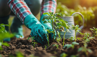 Farmer planting tomato seedlings in garden soil. Sustainable living and homegrown food concept. Design for educational material, gardening blogs. - obrazy, fototapety, plakaty