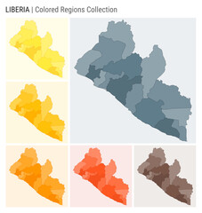 Liberia map collection. Country shape with colored regions. Blue Grey, Yellow, Amber, Orange, Deep Orange, Brown color palettes. Border of Liberia with provinces for your infographic.