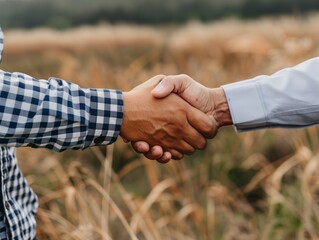 Two men shake hands in a field. Scene is friendly and professional. The handshake symbolizes a business agreement or partnership