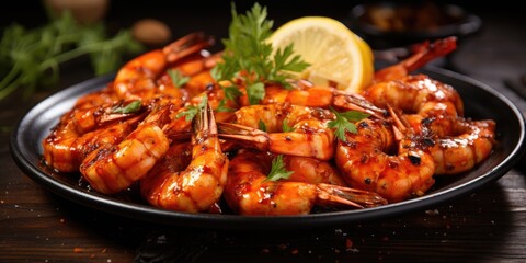 Traditional fried shrimp with garlic, parsley and lemon. Generative AI